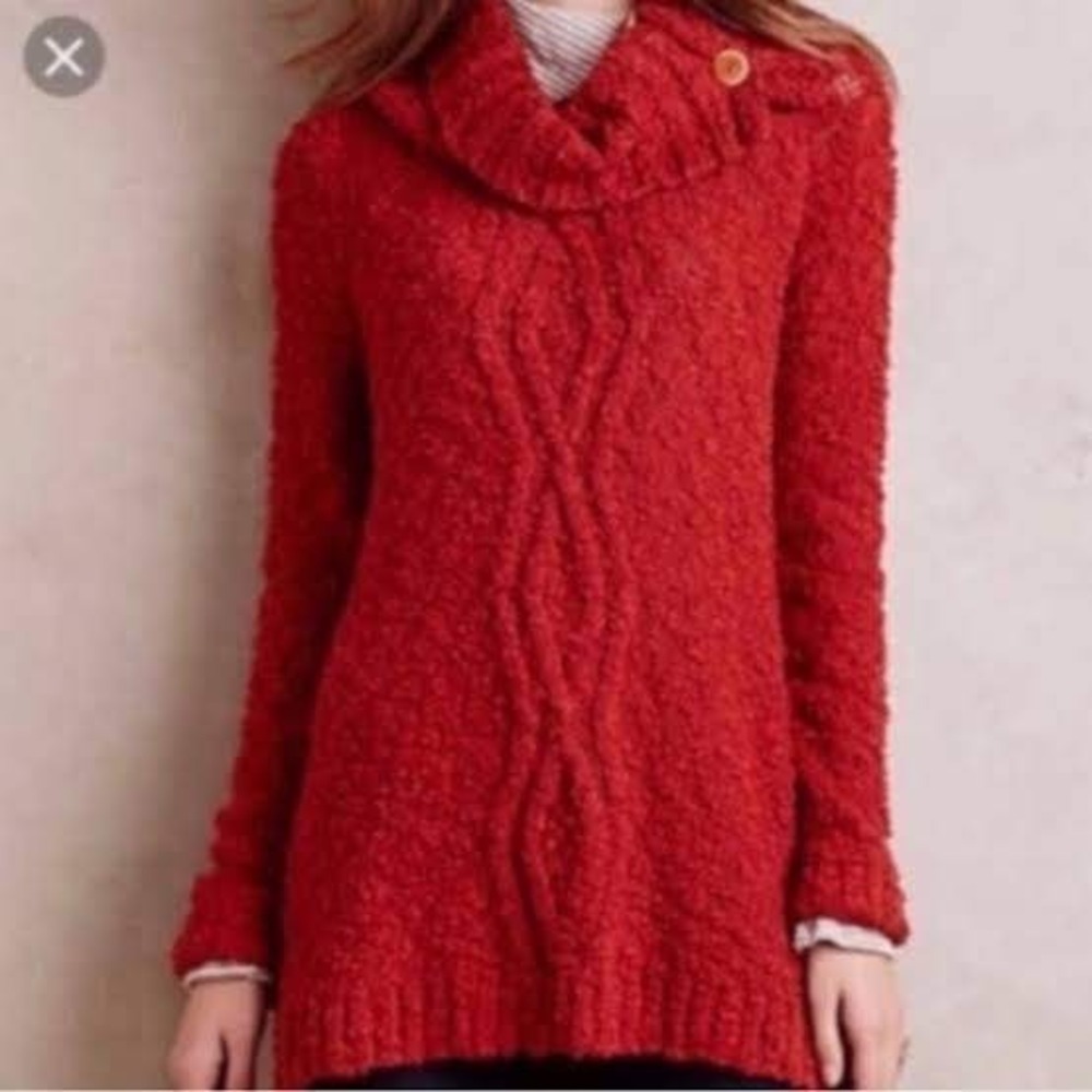 Moth Anthropologie Sweater Tunic Women XS Rust Red Cowl Neck Cable Knit Chunky